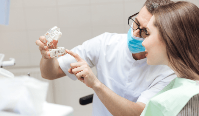 Dentist showing patient dental implant supported fixed bridge model